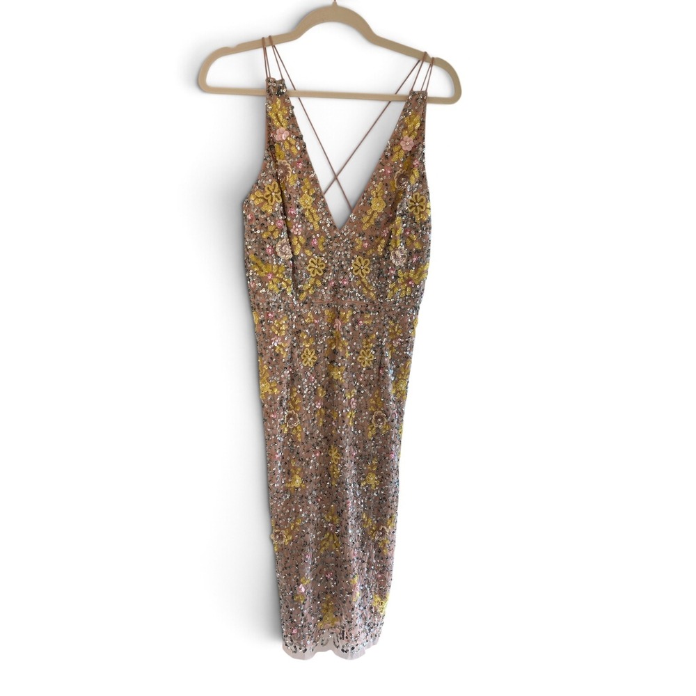 Gianni Bini Madi Dress Blush Multi Sequin Floral Applique Midi Dress Size 8 NEW